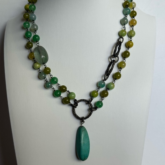 Vintage Rustic Elegant Green and Yellow Beaded Sterling Necklace - Picture 2 of 16